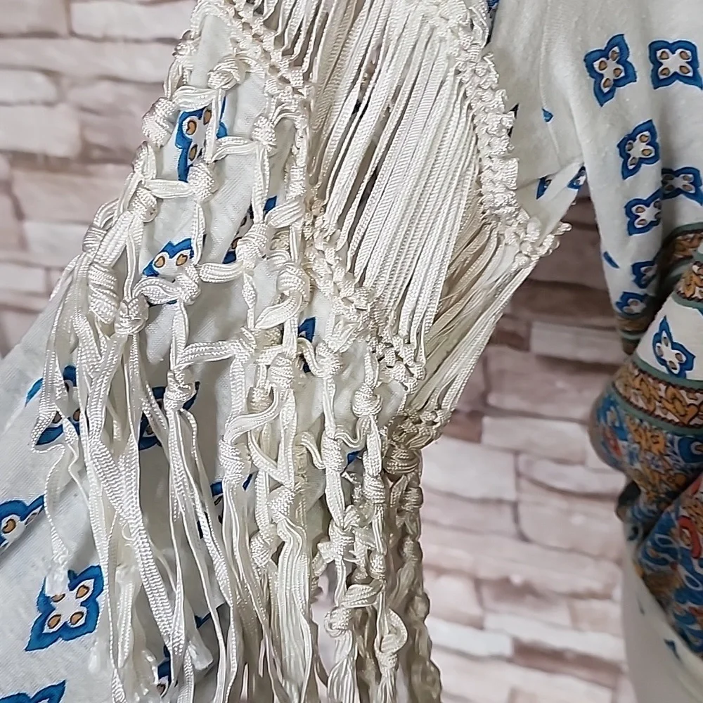 Free People Bohemian Fringe V-Neck Top - White and Blue